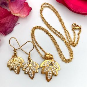 Gold Tone Leaf Pave Dangle Earrings And Pendant Necklace Jewelry Set Demi Parure